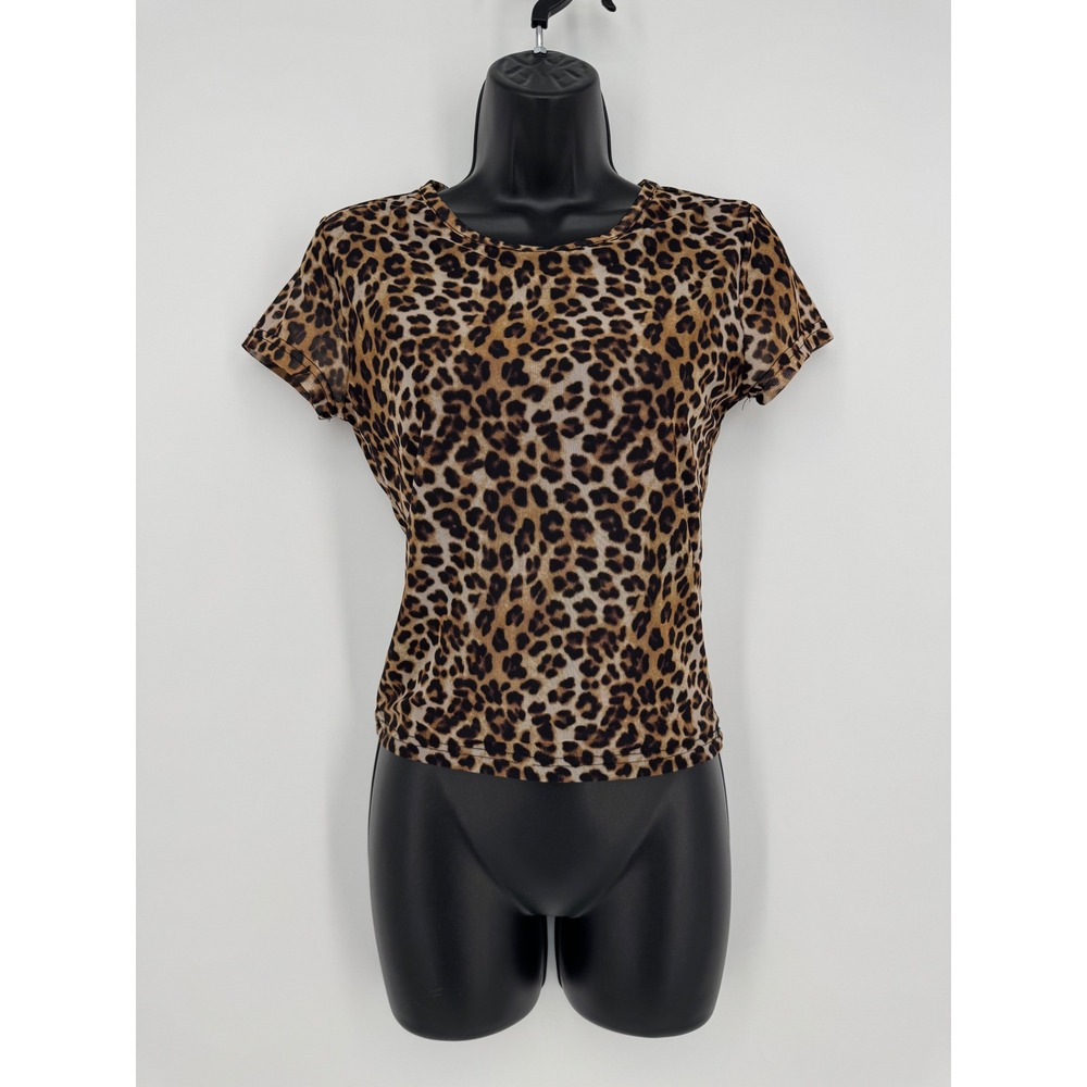 Faded Rose Womens Leopard Print Mesh Short Sleeve Top Brown Black Size M